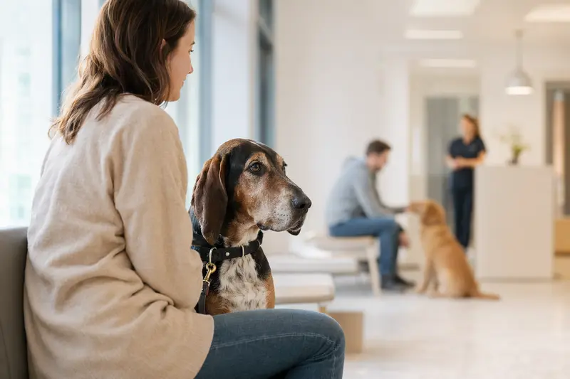 Ein Coonhound sitzt ruhig neben seinem Besitzer im hellen Wartezimmer einer modernen Tierarztpraxis.